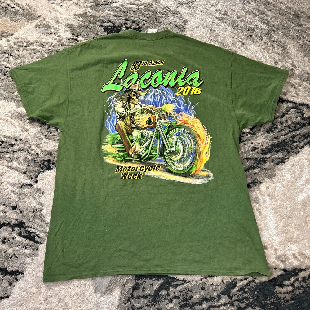 Y2K Gildan‎ T Shirt Mens XL Green Laconia Motorcycle Week Biker Graphic VINTAGE